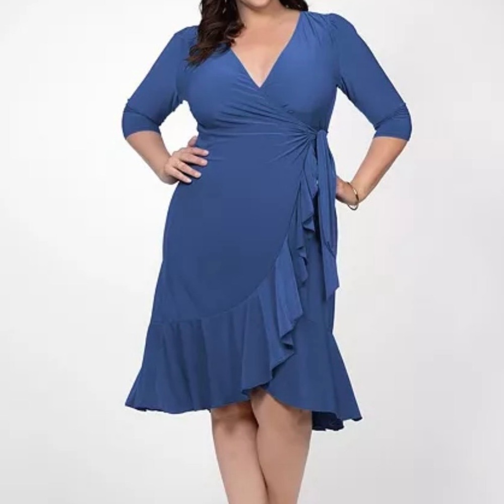 Kiyonna Whimsy‎ Ruffled Midi Wrap Dress Blue 2X Plus Size Flounce Fit Flare $98